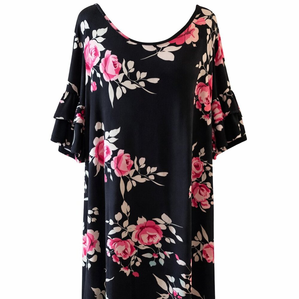 Floral Black Dress with Pink Roses – Size L